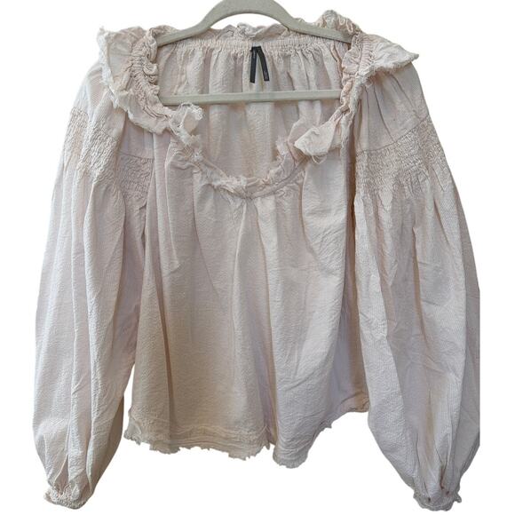 Anthropologie Ruffled V-Neck Blouse Womens Small Pale Pink White Prairie Cottage - Picture 2 of 10